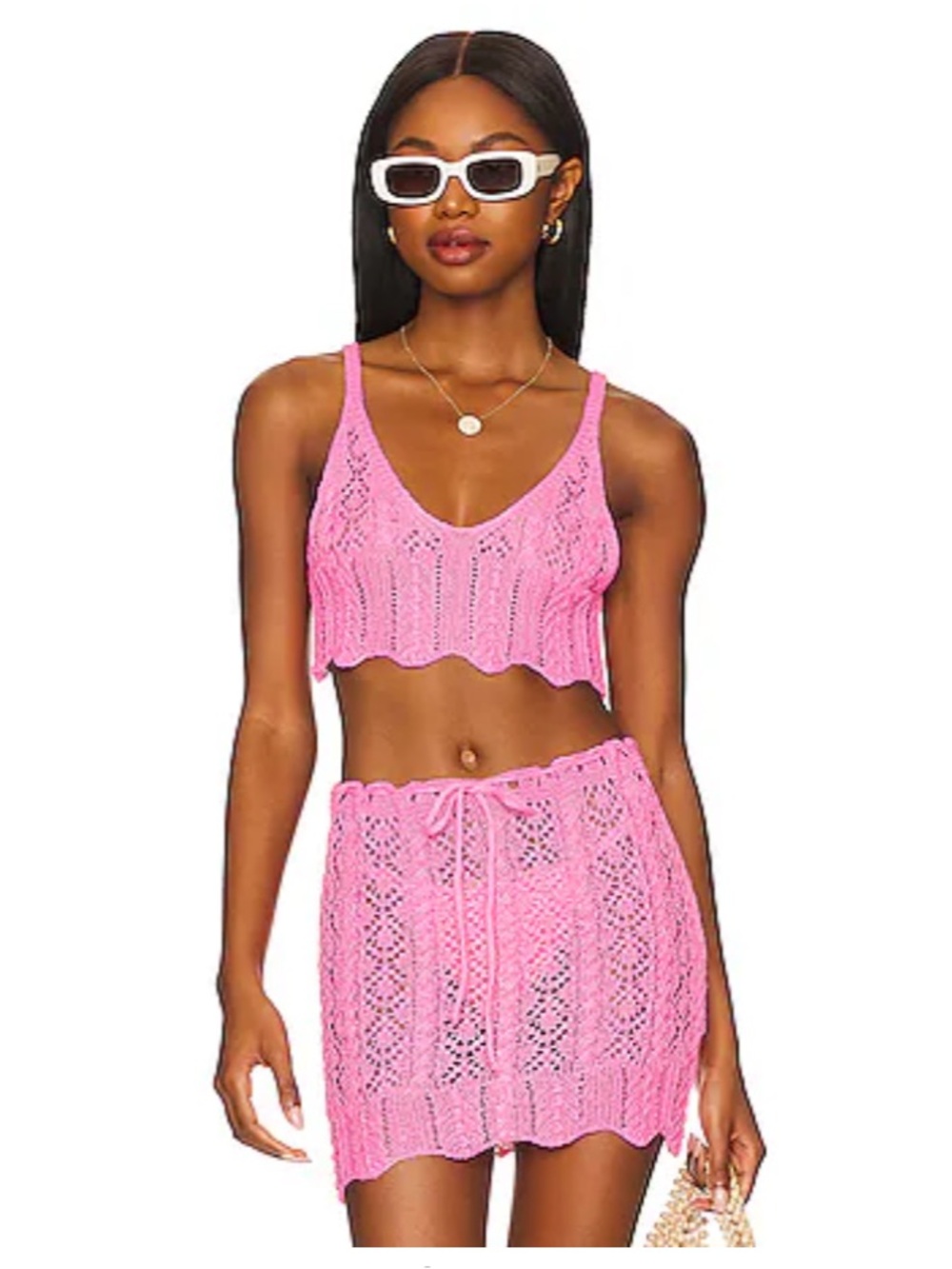 REVOLVE Pink Crochet Mini Skirt Top XS/ Bottom S (Top is stretchy)